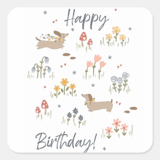 Teckel Liefhebbers Happy Birthday Bloemenfeest Vierkante Sticker (Voorkant)