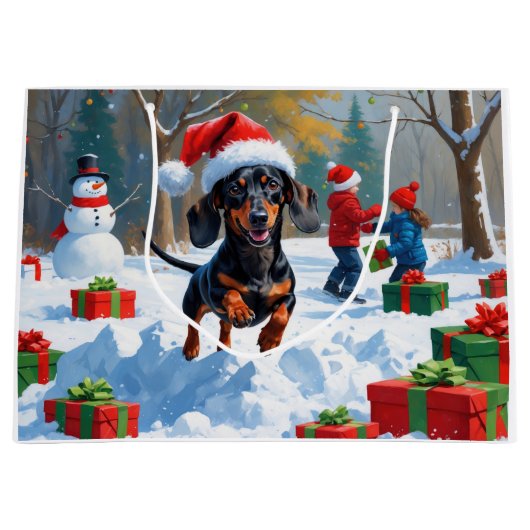 Teckel loopt in de sneeuw met kerst Pet Groot Cadeauzakje (Voorkant)