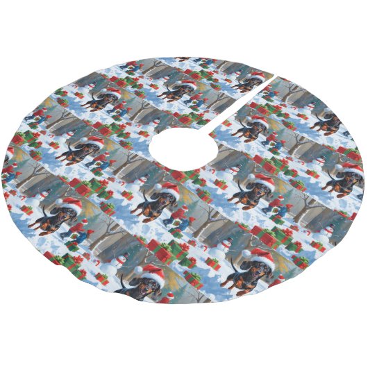 Teckel loopt in de sneeuw met kerst Pet Kerstboom Rok (Gekanteld)