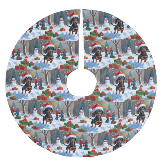 Teckel loopt in de sneeuw met kerst Pet Kerstboom Rok (Voorkant)