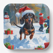 Teckel loopt in de sneeuw met kerst Pet Papieren Bordje (Voorkant)