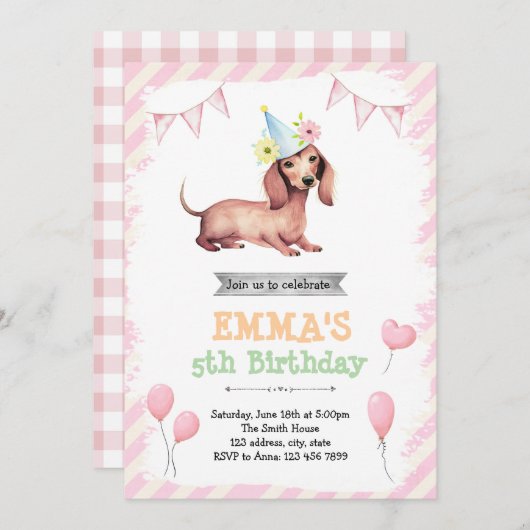 Teckel meisje party uitnodiging (Voorkant / Achterkant)