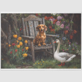 Teckel met een Gans in een Tuin Decoupage Tissuepapier