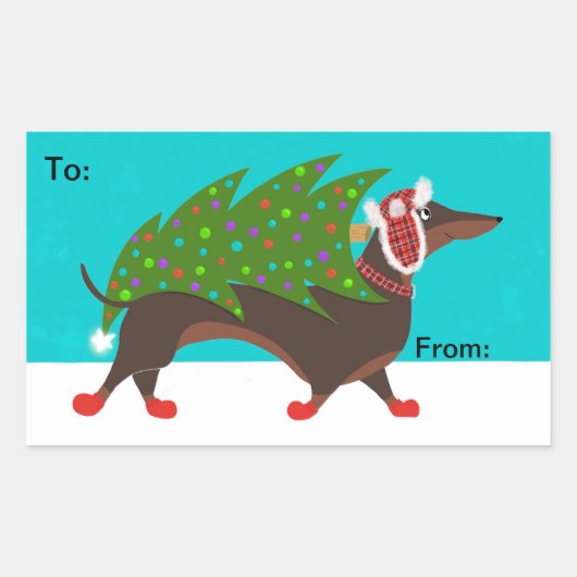 Teckel met Kerstboom Gift Sticker Lable (Voorkant)
