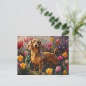 Teckel met Spring Tulips Painting Briefkaart (Staand voorkant)