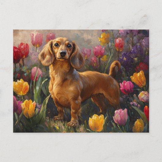 Teckel met Spring Tulips Painting Briefkaart (Voorkant)