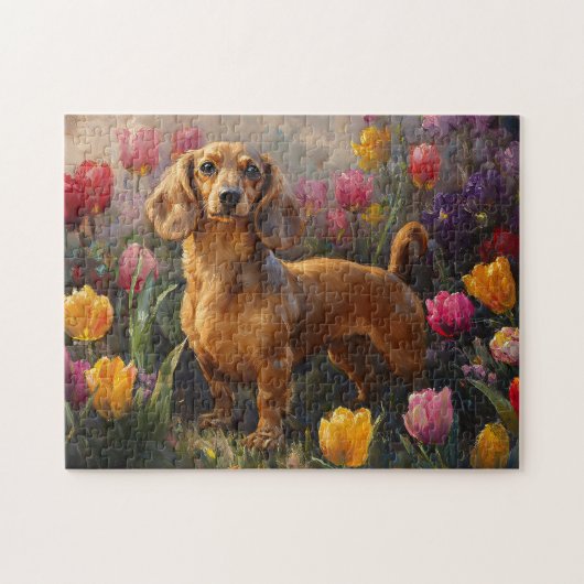 Teckel met Spring Tulips Painting Legpuzzel (Horizontaal)