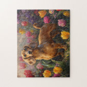 Teckel met Spring Tulips Painting Legpuzzel (Verticaal)
