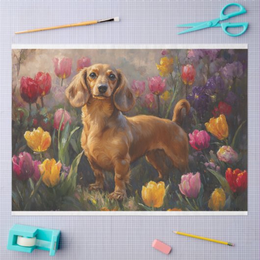 Teckel met Spring Tulpen Schilderen Decoupage Tissuepapier (Craft)