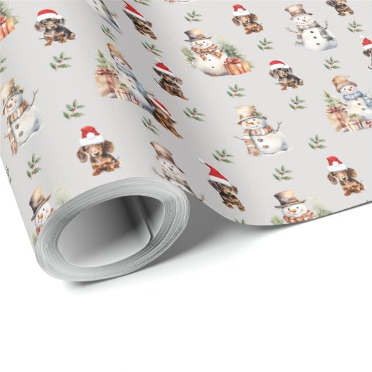 Teckel Puppies: Santa Hats, Snowman en Holly Cadeaupapier (Rol Hoek)