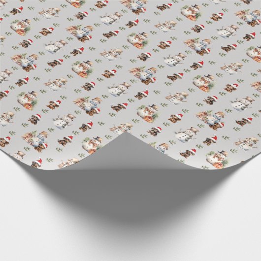 Teckel Puppies: Santa Hats, Snowman en Holly Cadeaupapier (Hoek)