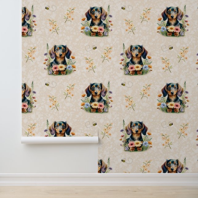 Teckel Puppy Dog Black Tan Wild Flowers Cream Behang (Applicatie)