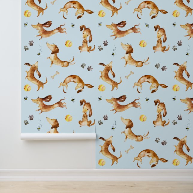Teckel Puppy Dog Paw Prints Bumble Bee Blauw Behang (Applicatie)