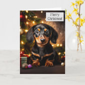 Teckel Puppy Hond Kerst Kaart (Gele Bloem)