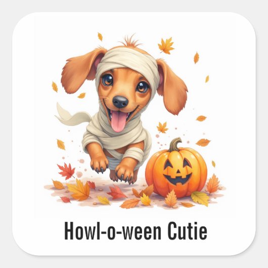 Teckel Puppy Mummie Halloween Waterverf Vierkante Sticker (Voorkant)