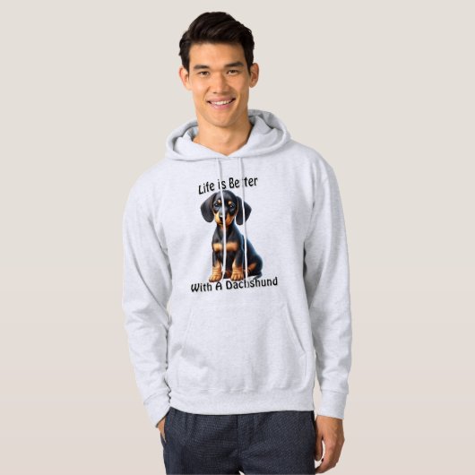 Teckel Puppy Zittend en Kijkend met Onschuldig Hoodie (Voorkant volledig)