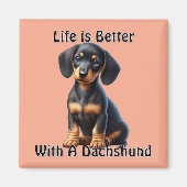 Teckel Puppy Zittend en Kijkend met Onschuldig Magneet (Voorkant)