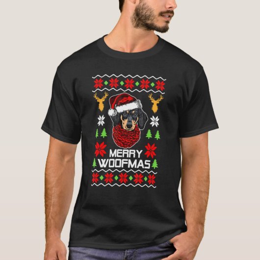 Teckel Santa Hat Lelijke Kersttrui Vakantie T-shirt (Voorkant)