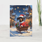 Teckel Santa Sleigh Christmas Art Kaart (Voorkant)