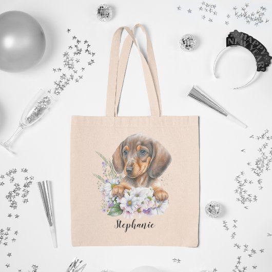 Teckel Sausage Dog Bloemen gepersonaliseerd Tote Bag