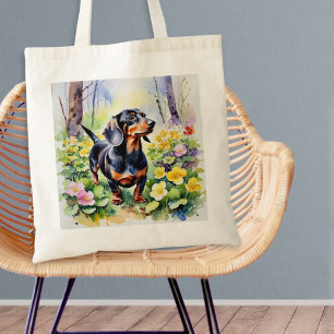 Teckel Sausage Dog Woodland Primrose Flowers Tote Bag