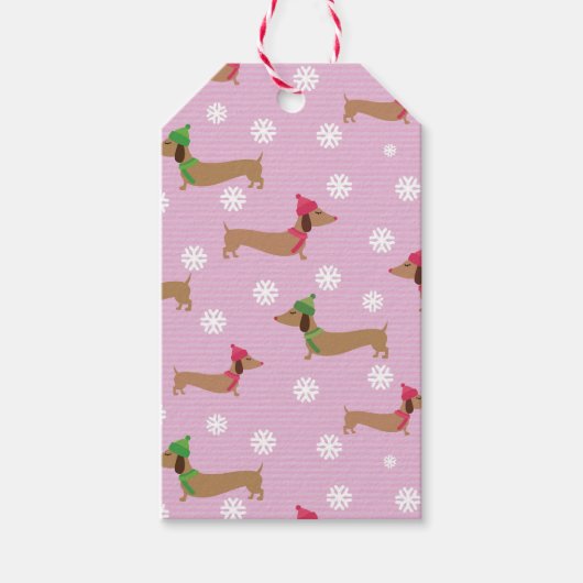 Teckel Schattige Roze Kerst Sneeuwvlokken Gift Lab Cadeaulabel (Voorkant)