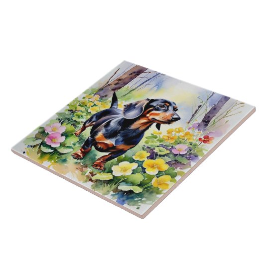 Teckel Schattigee worst Hond Spring Primrose Flowe Tegeltje (Zijkant)