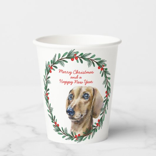 Teckel Vakantie Krans Gepersonaliseerde Kerst Papieren Bekers (Voorkant)