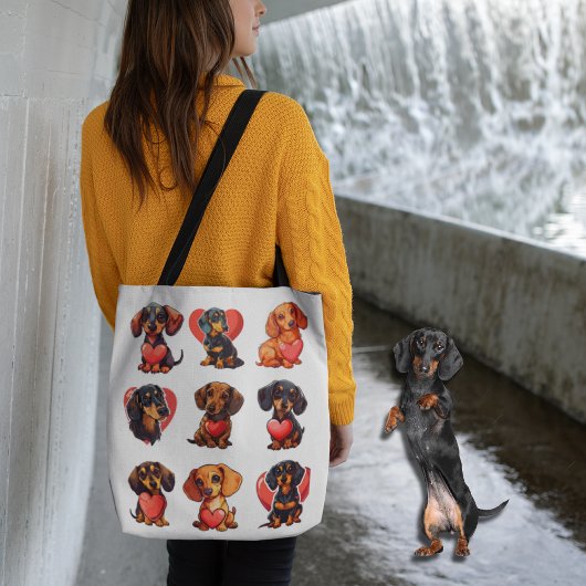 Teckel Valentijn met Rode Hart Waterverf Tote Bag