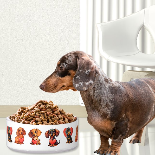 Teckel Valentijn Waterverf met rood hart Voerbakje (Dachshund Valentine Watercolor with Red Heart Bowl)