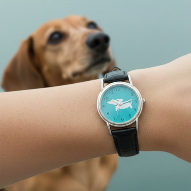 Teckel Watch Blauwgroen Gezicht Lederen Band Horloge (Wiener dog watch - leather band)