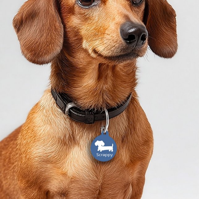 Teckel Wiener Dog ID Dog Label Blauw Huisdierpenning (Blue dachshund dog tag for wiener dogs - great gift for doxie dads or new sausage dog moms)