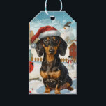 Teckel Winter Wonderland Christmas Joy Cadeaulabel<br><div class="desc">Dit feestelijke ontwerp vangt de vrolijke sfeer van het vakantieseizoen, met een schattige pup die een kerstmuts draagt. De hond is genesteld in een winterwonderland, compleet met een sneeuwpop, een versierde kerstboom en prachtig ingepakte cadeaus. Sneeuwvlokken herfsten zachtjes en voegen een magische toets toe aan het tafereel, terwijl de levendige...</div>