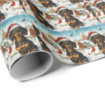 Teckel Winter Wonderland Christmas Joy Cadeaupapier<br><div class="desc">Dit feestelijke ontwerp vangt de vrolijke sfeer van het vakantieseizoen, met een schattige pup die een kerstmuts draagt. De hond is genesteld in een winterwonderland, compleet met een sneeuwpop, een versierde kerstboom en prachtig ingepakte cadeaus. Sneeuwvlokken herfsten zachtjes en voegen een magische toets toe aan het tafereel, terwijl de levendige...</div>