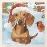 Teckel Winter Wonderland Christmas Joy Glazen Onderzetter<br><div class="desc">Dit feestelijke ontwerp vangt de vrolijke sfeer van het vakantieseizoen, met een schattige pup die een kerstmuts draagt. De hond is genesteld in een winterwonderland, compleet met een sneeuwpop, een versierde kerstboom en prachtig ingepakte cadeaus. Sneeuwvlokken herfsten zachtjes en voegen een magische toets toe aan het tafereel, terwijl de levendige...</div>