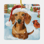 Teckel Winter Wonderland Christmas Joy Keramisch Ornament<br><div class="desc">Dit feestelijke ontwerp vangt de vrolijke sfeer van het vakantieseizoen, met een schattige pup die een kerstmuts draagt. De hond is genesteld in een winterwonderland, compleet met een sneeuwpop, een versierde kerstboom en prachtig ingepakte cadeaus. Sneeuwvlokken herfsten zachtjes en voegen een magische toets toe aan het tafereel, terwijl de levendige...</div>