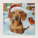 Teckel Winter Wonderland Christmas Joy Legpuzzel<br><div class="desc">Dit feestelijke ontwerp vangt de vrolijke sfeer van het vakantieseizoen, met een schattige pup die een kerstmuts draagt. De hond is genesteld in een winterwonderland, compleet met een sneeuwpop, een versierde kerstboom en prachtig ingepakte cadeaus. Sneeuwvlokken herfsten zachtjes en voegen een magische toets toe aan het tafereel, terwijl de levendige...</div>