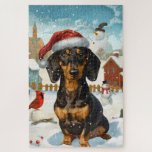 Teckel Winter Wonderland Christmas Joy Legpuzzel<br><div class="desc">Dit feestelijke ontwerp vangt de vrolijke sfeer van het vakantieseizoen, met een schattige pup die een kerstmuts draagt. De hond is genesteld in een winterwonderland, compleet met een sneeuwpop, een versierde kerstboom en prachtig ingepakte cadeaus. Sneeuwvlokken herfsten zachtjes en voegen een magische toets toe aan het tafereel, terwijl de levendige...</div>