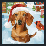 Teckel Winter Wonderland Christmas Joy Poster<br><div class="desc">Dit feestelijke ontwerp vangt de vrolijke sfeer van het vakantieseizoen, met een schattige pup die een kerstmuts draagt. De hond is genesteld in een winterwonderland, compleet met een sneeuwpop, een versierde kerstboom en prachtig ingepakte cadeaus. Sneeuwvlokken herfsten zachtjes en voegen een magische toets toe aan het tafereel, terwijl de levendige...</div>