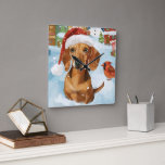 Teckel Winter Wonderland Christmas Joy Vierkante Klok<br><div class="desc">Dit feestelijke ontwerp vangt de vrolijke sfeer van het vakantieseizoen, met een schattige pup die een kerstmuts draagt. De hond is genesteld in een winterwonderland, compleet met een sneeuwpop, een versierde kerstboom en prachtig ingepakte cadeaus. Sneeuwvlokken herfsten zachtjes en voegen een magische toets toe aan het tafereel, terwijl de levendige...</div>