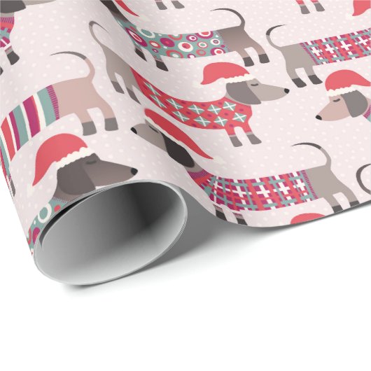 Teckel Worstenhonden in Kerst Petten en Knits Cadeaupapier (Rol Hoek)