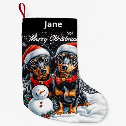 Teckels en Sneeuwman Christmas Stocking Kleine Kerstsok (Voorkant)