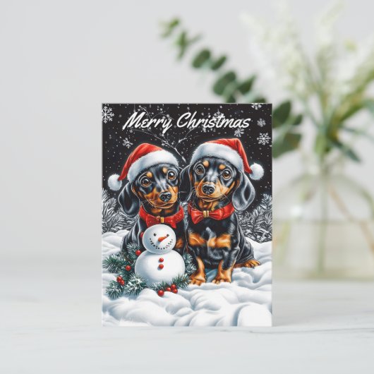 Teckels en Sneeuwman Kerstmis Feestdagenkaart (Staand voorkant)
