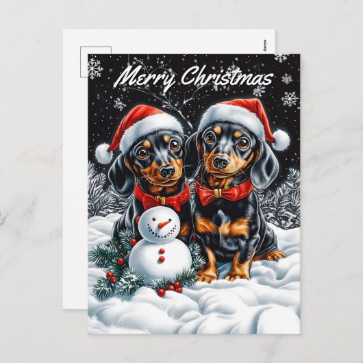 Teckels en Sneeuwman Kerstmis Feestdagenkaart (Voorkant / Achterkant)