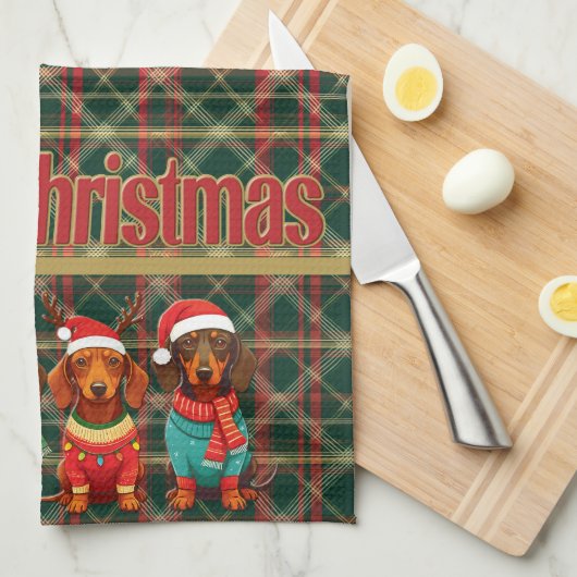 Teckels in Antlers & Santa Hats: Kerstmis Theedoek (Quarter Fold)