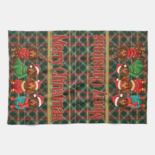 Teckels in Antlers & Santa Hats: Kerstmis Theedoek (Horizontaal)