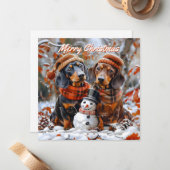 Teckels met Snowman Kerstmis Notitiekaartje (Voorkant / Achterkant in situ)