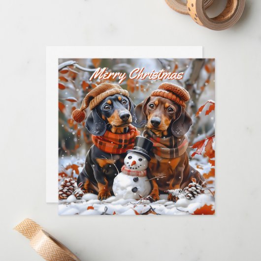 Teckels met Snowman Kerstmis Notitiekaartje (Voorkant / Achterkant in situ)