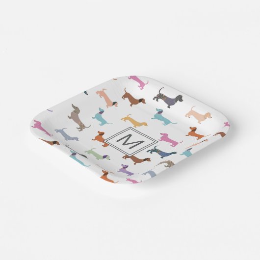 Teckels Patroon Kleurrijke partij Monogrammed Papieren Bordje (Gebogen)