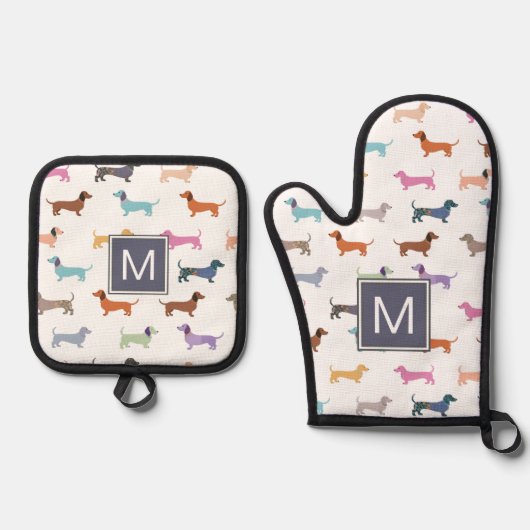 Teckels Patroon Kleurrijke worst Honden Ovenwant & Pannenlap Set (Voorkant)